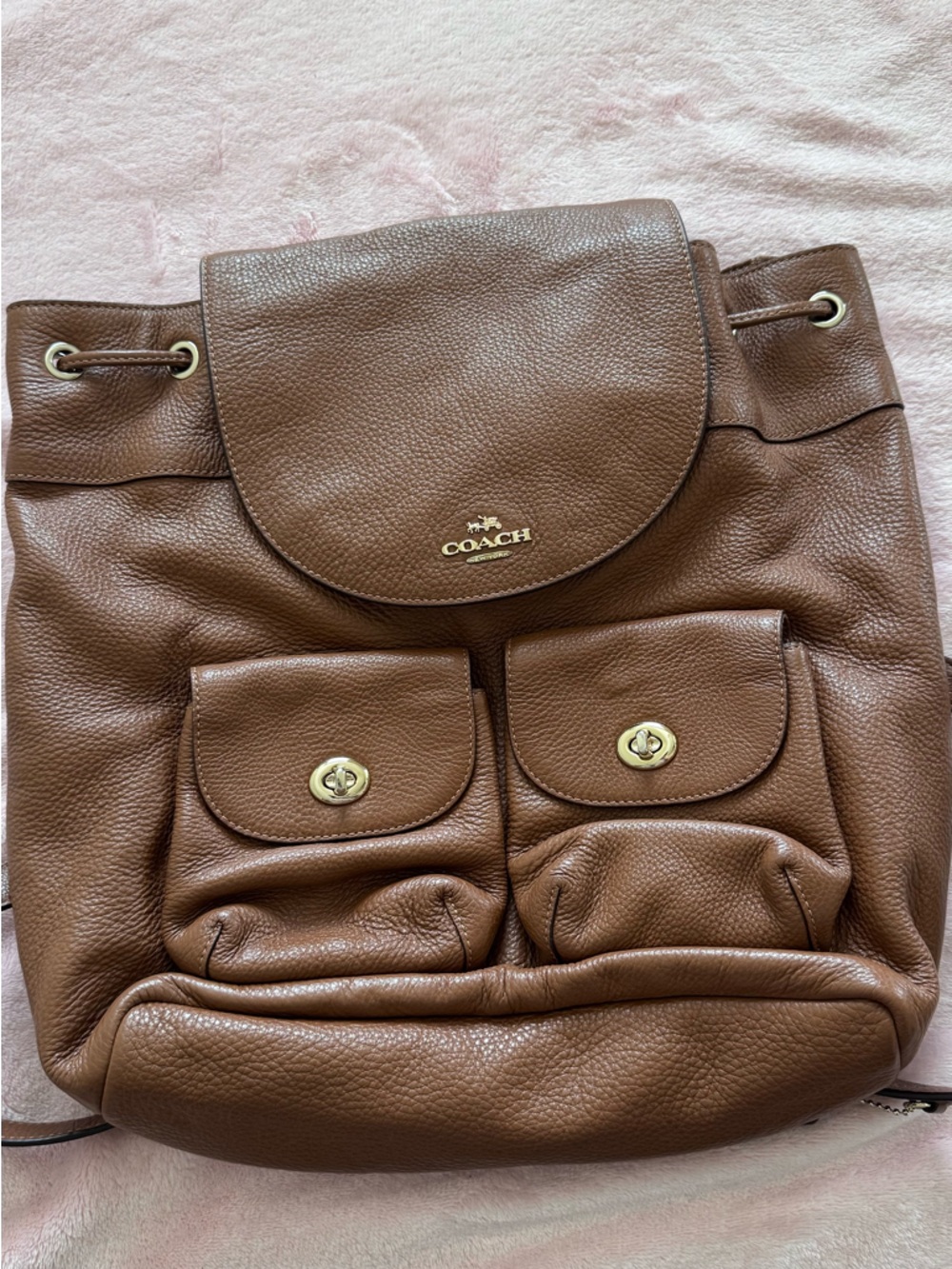Coach Pebbled Leather Backpack in Brown with Gold Accent